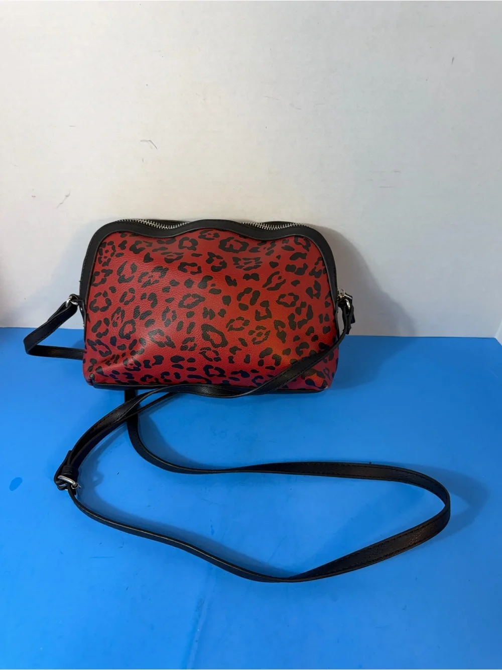 Red Leopard Print Crossbody Bag with Black Trim